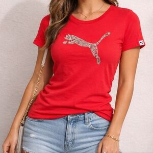 Puma Metallic Logo Graphic Tee Red Crewneck Athleisure Shirt Women Small Gym